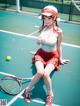 A woman sitting on a tennis court holding a tennis racket.