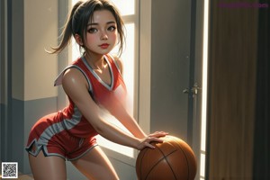 A woman in a red and white uniform holding a basketball.