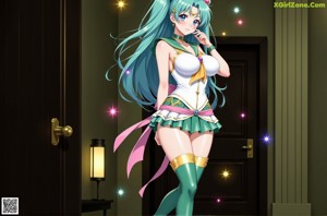 A woman with long blue hair standing in front of a door.