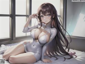 A woman in a white lingerie sitting on a bed.